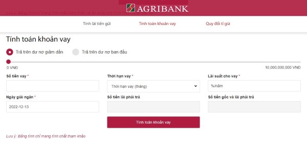Công cụ tính toán khoản vay Agribank